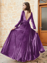 Long Sleeves Plunging V-Neck Velvet Dress With Slit Grape