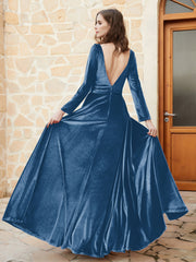 Long Sleeves Plunging V-Neck Velvet Dress With Slit Ink Blue