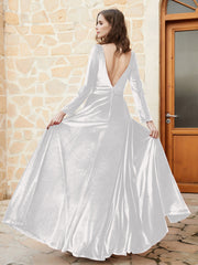 Long Sleeves Plunging V-Neck Velvet Dress With Slit Ivory