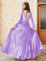 Long Sleeves Plunging V-Neck Velvet Dress With Slit Lilac