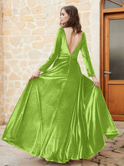 Long Sleeves Plunging V-Neck Velvet Dress With Slit Lime Green