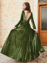 Long Sleeves Plunging V-Neck Velvet Dress With Slit Olive Green