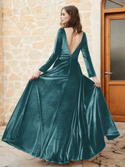 Long Sleeves Plunging V-Neck Velvet Dress With Slit Peacock