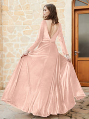 Long Sleeves Plunging V-Neck Velvet Dress With Slit Pearl Pink