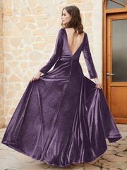 Long Sleeves Plunging V-Neck Velvet Dress With Slit Plum