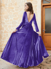 Long Sleeves Plunging V-Neck Velvet Dress With Slit Regency