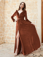 Long Sleeves Plunging V-Neck Velvet Dress With Slit Rust Plus Size