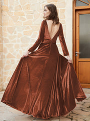 Long Sleeves Plunging V-Neck Velvet Dress With Slit Rust Plus Size