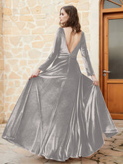 Long Sleeves Plunging V-Neck Velvet Dress With Slit Silver