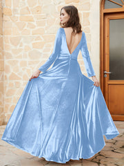 Long Sleeves Plunging V-Neck Velvet Dress With Slit Sky Blue