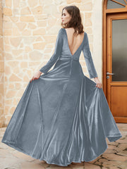 Long Sleeves Plunging V-Neck Velvet Dress With Slit Slate Blue
