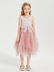 BABARONI Tulle Dusty Rose Junior Bridesmaid Dresses A-line Scoop Sleeveless Applique Tea-Length, Dusty Rose / J4