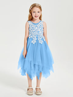 Tulle Tea Length Junior Bridesmaid Dresses Blue