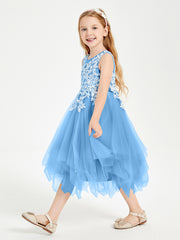 Tulle Tea Length Junior Bridesmaid Dresses Blue