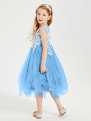 Tulle Tea Length Junior Bridesmaid Dresses Blue