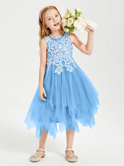 Tulle Tea Length Junior Bridesmaid Dresses Blue