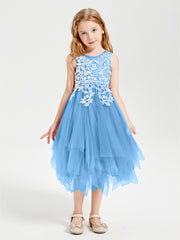 Tulle Tea Length Junior Bridesmaid Dresses Blue