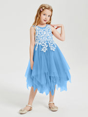 Tulle Tea Length Junior Bridesmaid Dresses Blue