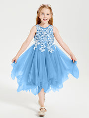 Tulle Tea Length Junior Bridesmaid Dresses Blue