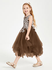 Tulle Tea Length Junior Bridesmaid Dresses Brown
