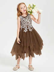 Tulle Tea Length Junior Bridesmaid Dresses Brown