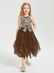 Tulle Tea Length Junior Bridesmaid Dresses Brown
