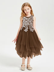 Tulle Tea Length Junior Bridesmaid Dresses Brown