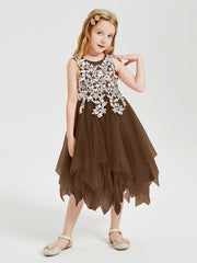 Tulle Tea Length Junior Bridesmaid Dresses Brown