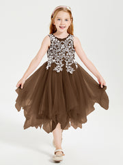 Tulle Tea Length Junior Bridesmaid Dresses Brown
