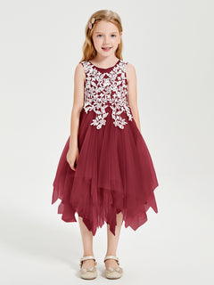 Tulle Tea Length Junior Bridesmaid Dresses Burgundy