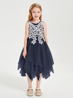 Tulle Tea Length Junior Bridesmaid Dresses Dark Navy