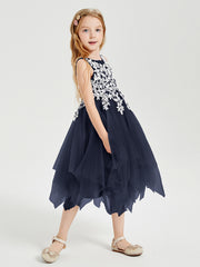 Tulle Tea Length Junior Bridesmaid Dresses Dark Navy