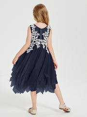 Tulle Tea Length Junior Bridesmaid Dresses Dark Navy