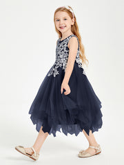 Tulle Tea Length Junior Bridesmaid Dresses Dark Navy