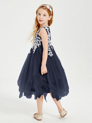 Tulle Tea Length Junior Bridesmaid Dresses Dark Navy