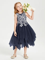 Tulle Tea Length Junior Bridesmaid Dresses Dark Navy