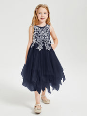 Tulle Tea Length Junior Bridesmaid Dresses Dark Navy