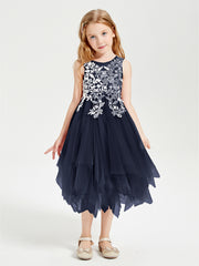 Tulle Tea Length Junior Bridesmaid Dresses Dark Navy
