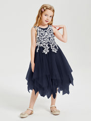 Tulle Tea Length Junior Bridesmaid Dresses Dark Navy