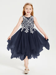 Tulle Tea Length Junior Bridesmaid Dresses Dark Navy
