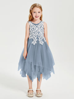 Tulle Tea Length Junior Bridesmaid Dresses Dusty Blue