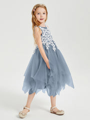 Tulle Tea Length Junior Bridesmaid Dresses Dusty Blue