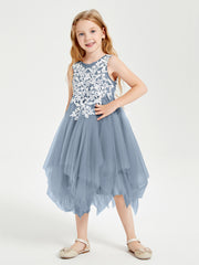 Tulle Tea Length Junior Bridesmaid Dresses Dusty Blue