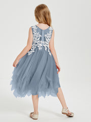 Tulle Tea Length Junior Bridesmaid Dresses Dusty Blue
