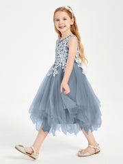 Tulle Tea Length Junior Bridesmaid Dresses Dusty Blue