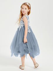 Tulle Tea Length Junior Bridesmaid Dresses Dusty Blue