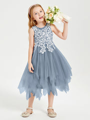 Tulle Tea Length Junior Bridesmaid Dresses Dusty Blue