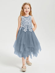 Tulle Tea Length Junior Bridesmaid Dresses Dusty Blue