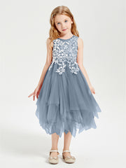 Tulle Tea Length Junior Bridesmaid Dresses Dusty Blue
