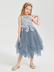 Tulle Tea Length Junior Bridesmaid Dresses Dusty Blue